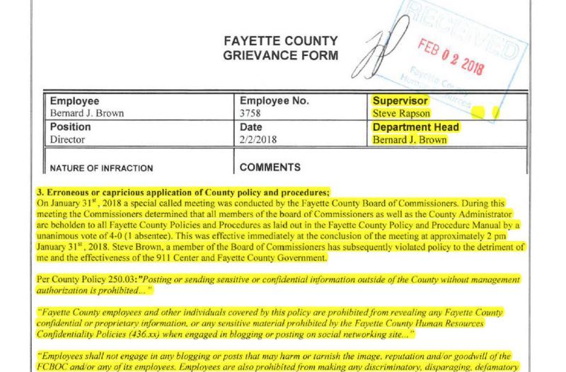 Screen grab of grievance form filed by 9-1-1 Director Bernard Brown.