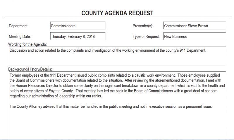 Screen grab of agenda item for the Feb. 8 meeting of the Fayette County Commission.