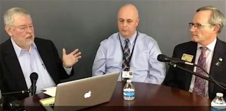 At right, Dr. Ted Lombard, Coordinator for Safety, Athletics and Discipline, and (center) Mike Sanders, Assistant Superintendent of Operations answer questions from publisher Cal Beverly about school safety issues during The Citizen Facebook Live telecast March 8.