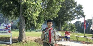 Marco Pagsisihan, a rising sophomore at Trinity Christian School in Sharpsburg, installed a flag retirement box and bench in Veterans Memorial Park in Tyrone as part of his Eagle Scout service project. Photo/Submitted.