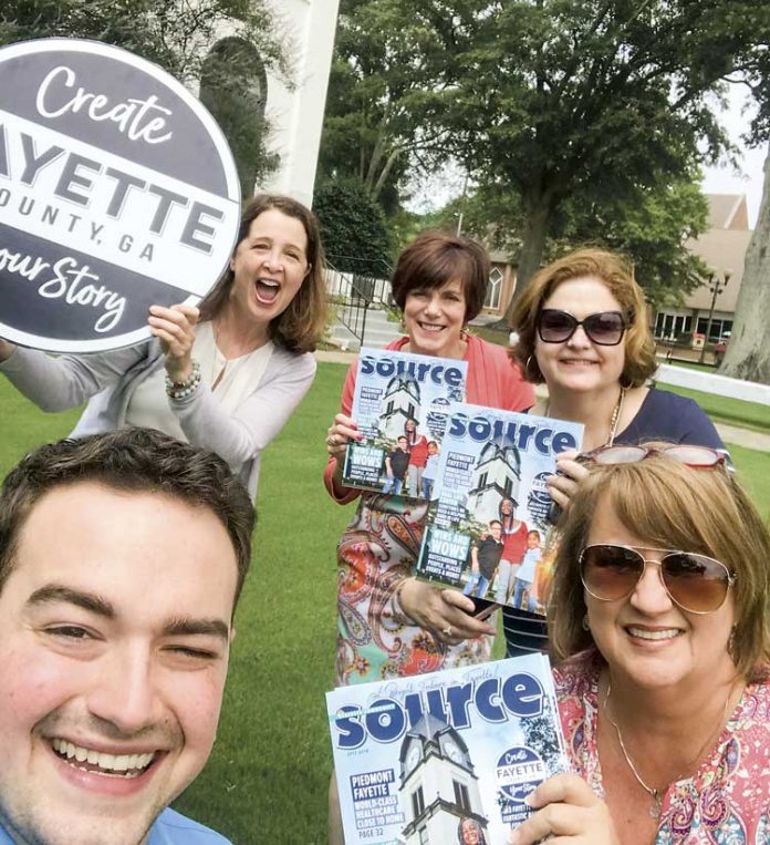 Celebrating the news of a national award for The Fayette Chamber’s “Source” magazine, produced annually by The Citizen/Fayette Woman Magazine, are (top left, clockwise) Chamber Community Development Director Paige Muh, Chamber interim CEO Kimberly Schnoes, Fayette Woman Publisher Joyce Beverly, Fayette Chamber Operations Manager Cereto Bean, and Mike O’Brien, Fayette Chamber Special Projects Coordinator. Photo/Fayette