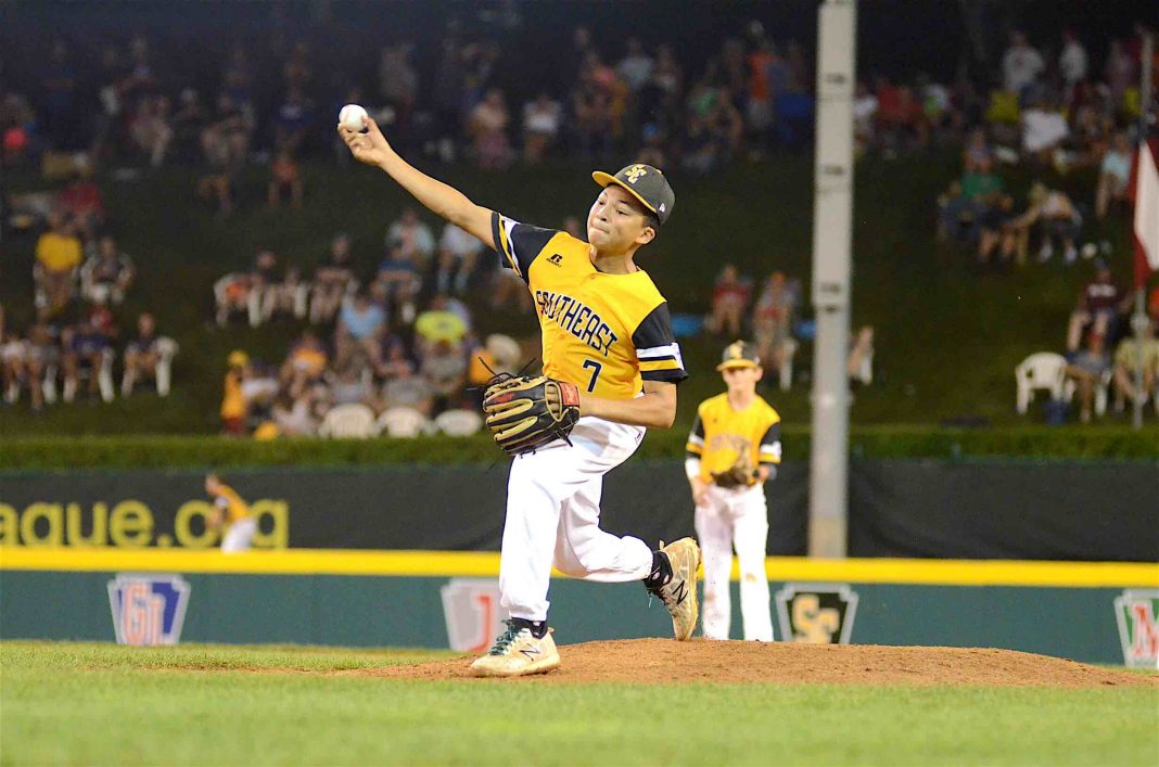 Peachtree City Little League’s Tai Peete delivers a pitch during the Little League World Series in Williamsport. Photo/Brett R. Crossley.