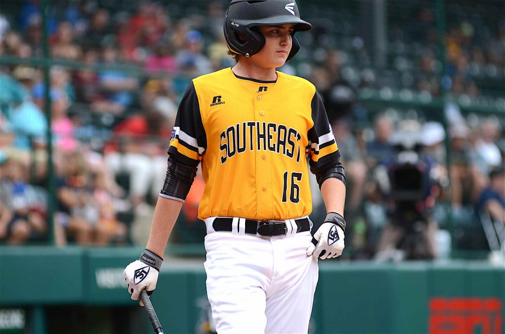 Jansen Kenty steps into the batter’s box for a fifth inning at bat for Peachtree City during a Little League World Series game against Japan. Kenty drove in two runs with a single during the at bat. Photo/Brett R. Crossley.