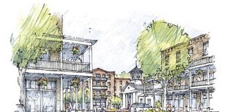 Designer Jim Strickland’s “dream” of a redeveloped Aberdeen Village Center. Graphic/Peachtree City.