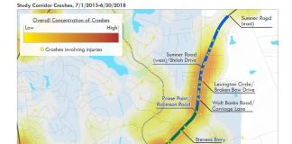 Map shows frequency of automobile collisions along Hwy. 54 eastward from the Hwy. 74 intersection at lower left to the city limit line at top right. Graphic/Peachtree City.