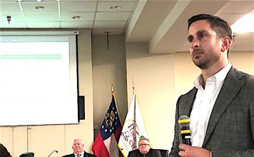 Jason Pace, principal in Pace Lynch Corp. of Peachtree City, makes the presentation of the Calistoa plan to City Council May 16. Photo/Cal Beverly.