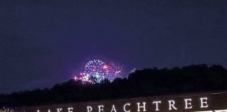 Fireworks across Lake Peachtree on July 4, 2019.