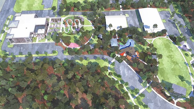 A rendering of the 10-acre site which will be the new home of Fayetteville City Hall and City Center Park shows City Hall fronting Stonewall Avenue at left. The bulk of the acreage will include a wealth of park amenities. Rendering/City of Fayetteville.