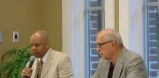 Candidates participating in the Oct. 7 forum for the Post 1 seat on the Fayetteville City Council included, from left, challenger Darryl Langford and incumbent Harlan Shirley. Photo/Ben Nelms.