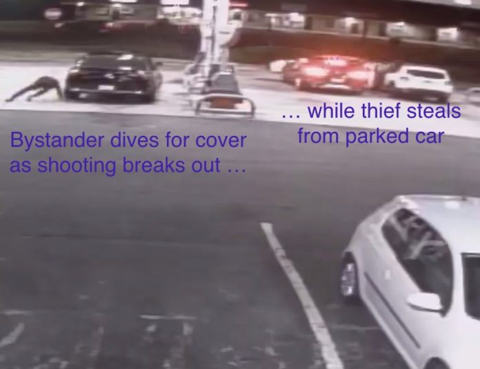 Armed thieves steal from car as bystander dives for cover. From surveillance video.