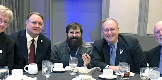 The Leading Edge Award was presented to the school system at an awards luncheon during the annual Georgia School Boards Association conference in Atlanta. (L-R) Fayette County Board of Education members Scott Hollowell (chairman), Dr. Barry Marchman, Leonard Presberg, Fayette County Public School Superintendent Dr. Joseph Barrow, and Fayette County Board of Education member Roy Rabold (vice-chair). Photo/Fayette County School System.