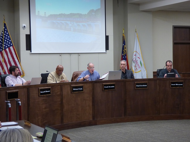 Members of the Peachtree City Planning Commission at the March 9 meeting included, from left, commissioners Kenneth Hamner and Michael Link, Chairman Frank Destadio and commissioners Paul Gresham and Scott Ritenour. Photo/Ben Nelms.