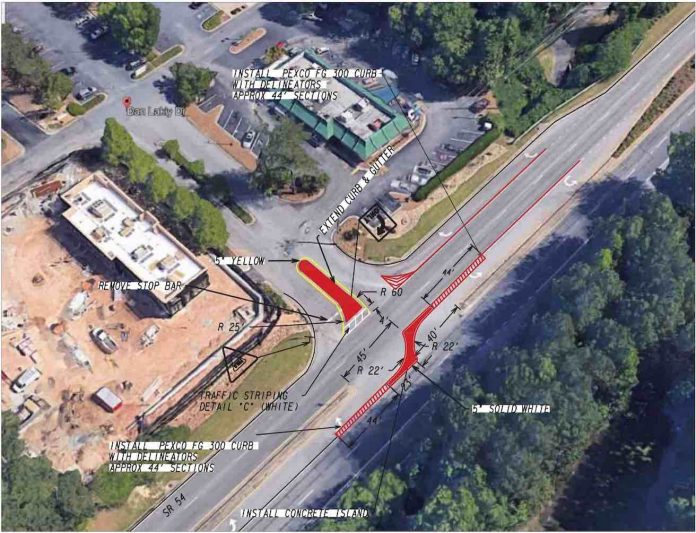 A DOT graphic shows the proposed R-cut turn at the intersection of Dan Lakly Drive and Ga. Highway 54. The photo shows McDonald’s at top center and the remodeled Chick-filA at left before its parking lot was paved. Graphic/DOT via City of Peachtree City.