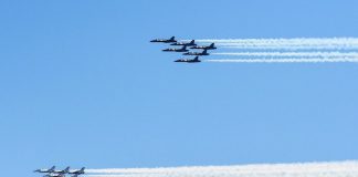 U.S. Navy's Blue Angels and U.S. Air Force's Thunderbirds join to honor Covid-19 workers.