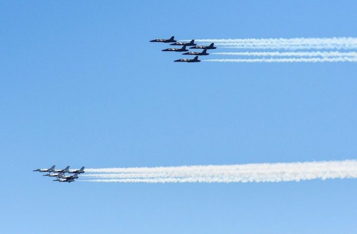 U.S. Navy's Blue Angels and U.S. Air Force's Thunderbirds join to honor Covid-19 workers.