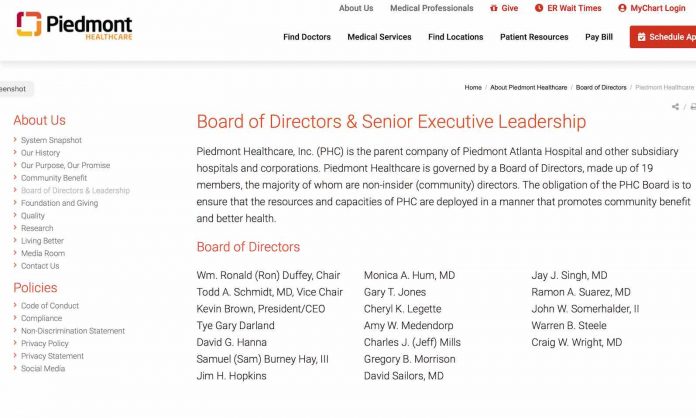 The Piedmont Healthcare board of directors from company website