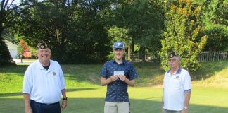 American Legion scholarship winner Tyler Munford, center, with grandfather Steve Cox of American Legion Post 105, at left, and Post 105 scholarship chairman David Niebes. Photo/Marilyn Munford.