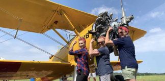 Female members of the CAF Dixie Wing taking part of the restoration. In the rear cockpit Robyn, front cockpit Alisa Lockwood and Robin O’reilly standing by the airplane. Photo/Submitted.