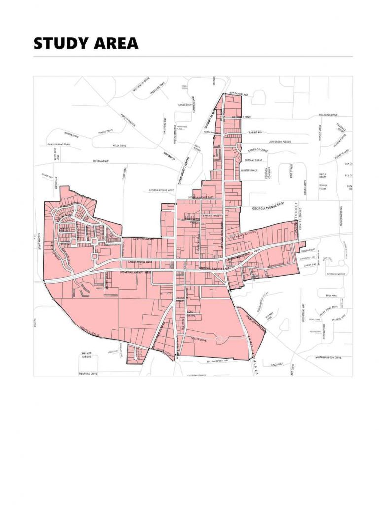 The LCI (Livable Centers Initiative) study area for Fayetteville includes downtown and areas bordering it to the north, south, east and west. Graphic/ City of Fayetteville.