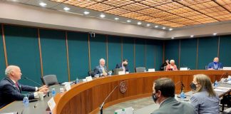 State Sen. Max Burns (center) oversees debate on an omnibus Georgia election bill in the Senate Ethics Committee that he chairs on March 22, 2021. Photo/Beau Evans.