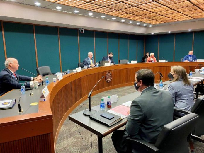 State Sen. Max Burns (center) oversees debate on an omnibus Georgia election bill in the Senate Ethics Committee that he chairs on March 22, 2021. Photo/Beau Evans.