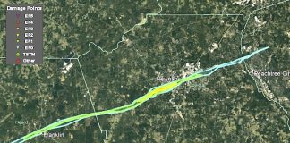 The track of the destructive tornado that struck 3 counties near and after midnight March 25 and 26. Radar track provided by the National Weather Service.