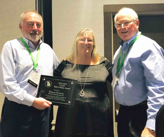 Pictured left to right, Bart Ladd, CAAG President; Mrs. Elaine Powers; Bruce Widener, CAAG executive director. Photo/Submitted.