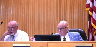 Fayette County commissioners Eric Maxwell (L) and Edward "Edge" Gibbons at June 10, 2021 meeting. Photo/Cal Beverly.