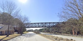 Google Street View of cart path bridge across Ga. Highway 74, looking south.