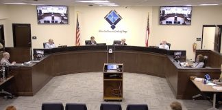 Fayette County Board of Education at July 26 meeting. (L-R) At dais, Randy Hough, Brian Anderson, Superintendent Dr. Jonathan S. Patterson, Chairman Scott Hollowell, Roy Rabold and Leonard Presberg. Photo from BoE website.