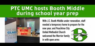 With J.C. Booth Middle under renovation, staff needed a temporary home to prepare for the new school year, and Peachtree City United Methodist Church welcomed the Warrior family in with open arms. Graphic/Fayette County School System.