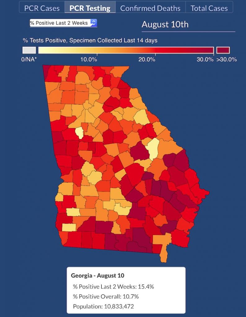 Fayette County south of Atlanta and Jefferson County south of Augusta are depicted as having test-confirmed infection rates of under 5%. Graphic/DPH