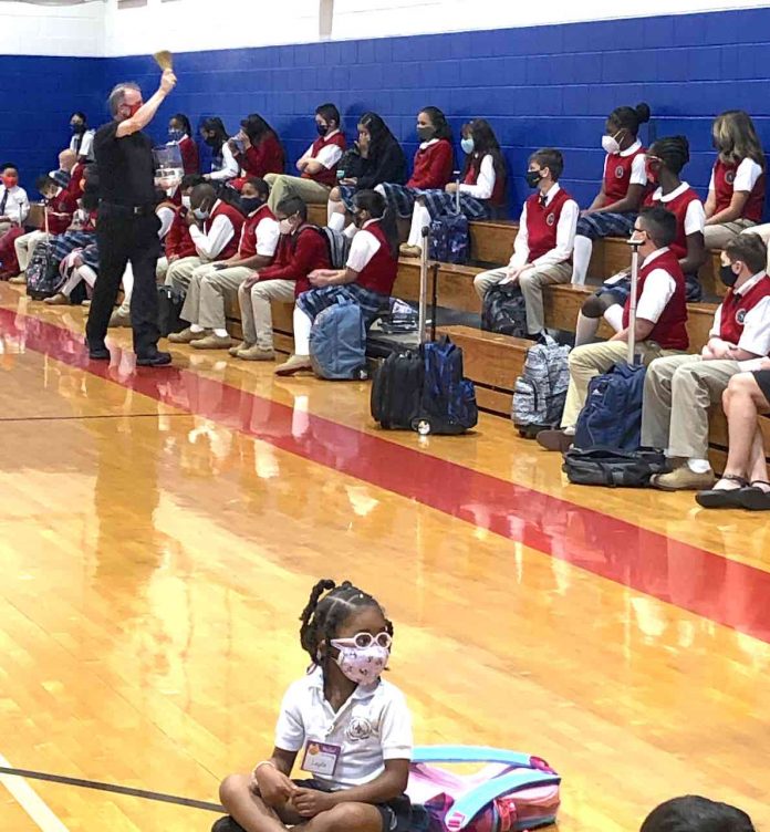 Students were assembled for prayer and a blessing from Father John Koziol and Father Kevin Hargaden. Fr. Hargaden blessed all the students, staff, and families. Photo/Submitted.