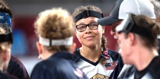 Peachtree City native Amanda Dennis (center) receives plaudits from team members following the silver medal finish. Photo/USA Women's Goalball.