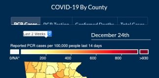 The state's hot spots for Covid infections, with red being the highest number. Graph/Ga. DPH.