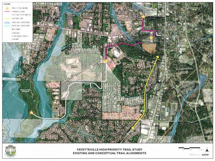 Map shows proposed trail alignment being considered by Fayetteville. Graphic/City of Fayetteville.