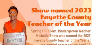 Michelle Shaw, Fayette County's Teacher of the Year for 2023, speaks after receiving her award. Photo/Fayette County School System.