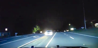 Dashcam shows impaired driver approaching a Peachtree Police patrol unit in a near-collision. Photo/Peachtree City PD video.