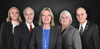 The official Peachtree City Council portrait as of mid-January 2024. (L-R) Laura Johnson (Post 1); Clint Holland (Post 3); Kim Learnard (mayor); Suzanne Brown (Post 2); Frank Destadio (Post 4 and mayor pro tem).