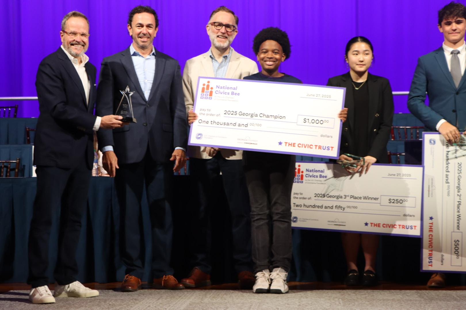 From left to right: Kaden J, Vivienne K., Jackson C., Laqueet S., and Keely S., who were the five competitors in the final round of the 2025 Georgia Civics Bee State Finals.